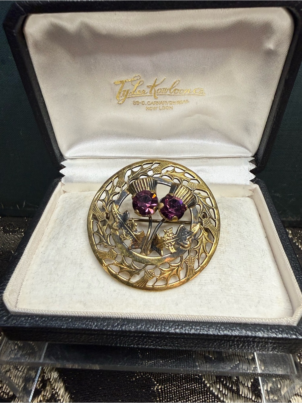 VTG Gold ToneThistle Brooch with Purple Rhinestones by Mizpah